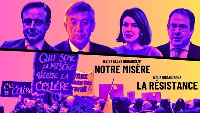 Un visuel dans des couleurs allant du rose au au jaune
Au dessus, Bart De Wever, Jan Jambon, Valerie Glatigny et David Clarinval dans des nuances de bleu.
Une barre noire coupe m'image en deux 
En dessous, une manifestation avec des pancartes. Une dit:  Qui sème la misère récolte la colère. 
Un texte en lettre noires dit: Ils et elles organisent notre misère - Nous organisons la résistance.