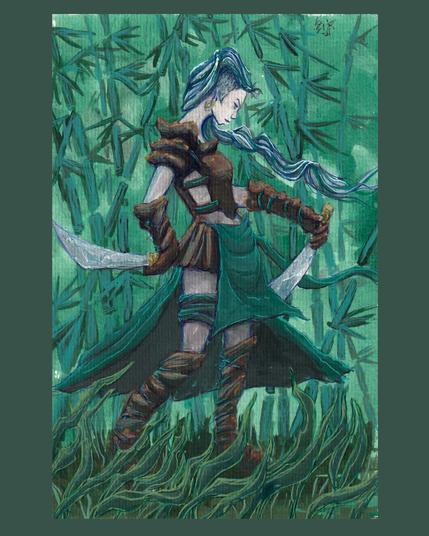 Illustration à l'encre acrylique d'une guerrière-voleuse agile, tenant deux lames courbes, se déplaçant furtivement à travers une dense forêt de bambous aux nuances de vert.