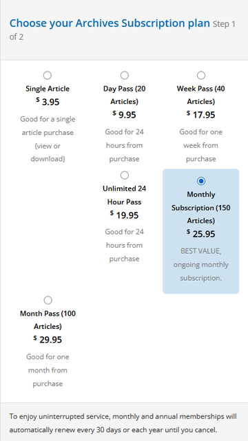 A screen showing options for various subscription plans to access the SF Chronicle archives. They range from paying for a single article for $3.95 to a month-long/100 article pass for $29.95.
