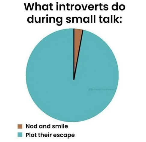 Das Bild zeigt ein Kreisdiagramm (Tortendiagramm) mit dem Titel:
„What introverts do during small talk:“
(auf Deutsch: „Was Introvertierte während Smalltalk tun“).

Das Kreisdiagramm ist fast vollständig in Türkis gefärbt.
	•	Die große türkise Fläche steht für „Plot their escape“ (auf Deutsch: „ihre Flucht planen“).
	•	Ein sehr schmaler brauner Abschnitt steht für „Nod and smile“ (auf Deutsch: „nicken und lächeln“).

Die Darstellung vermittelt humorvoll die Botschaft, dass Introvertierte während Smalltalk überwiegend damit beschäftigt sind, gedanklich einen Fluchtweg zu suchen, während sie nur einen kleinen Teil der Zeit wirklich nicken und lächeln.

Am unteren rechten Rand des Kreises ist dezent der Urhebername „@introvertmemes“ eingefügt.
🖖