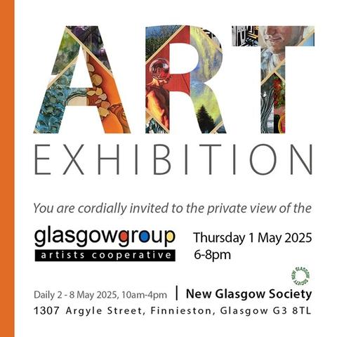 Exhibition poster, colour band to the left, with group logo bottom left, painted imagery in the large word ART.