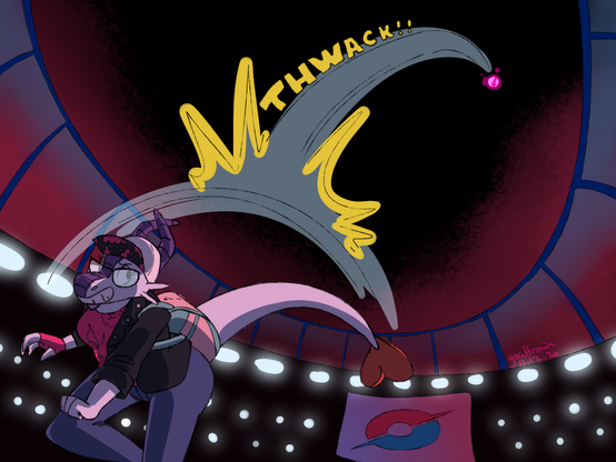 A dragon dressed as a Pokemon trainer launches a giant Poke Ball into the sky using their tail, in a similar style as Pokemon Sword and Shield's Dynamax animations.