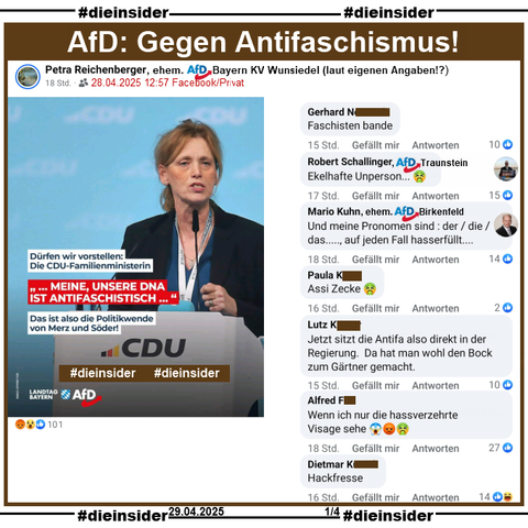 Petra Reichenberger, laut eigenen Angaben ehemals AfD Bayern KV Wunsiedel, teilt am 28.04.2025 privat ein Bild der AfD Bayern mit Karin Prien, der wahrscheinlich neuen CDU-Familienministerin und "Dürfen wir vorstellen: Die CDU-Familienministerin. ...MEINE, UNSERE DNA IST ANTIFASCHISTISCH... Das ist also die Politikwende von Merz und Söder!"

Wir zeigen auf Slide 1 u.a. die Kommentare 
"Faschisten bande.", "Ekelhafte Unperson..." von Robert Schallinger AfD Traunstein, "Und meine Pronomen sind : der / die / das....., auf jeden Fall hasserfüllt..." von Mario Kuhn ehemals AfD Birkenfeld, "Assi Zecke.", "Jetzt sitzt die Antifa also direkt in der Regierung. Da hat man wohl den Bock zum Gärtner gemacht.", "Wenn ich nur die hassverzehrte Visage sehe." und "Hackfresse."