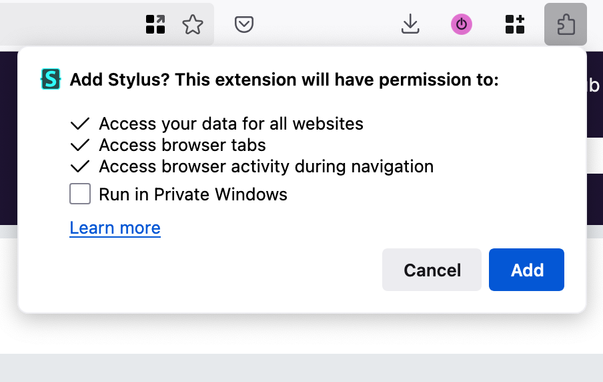 Screenshot of Firefox "Add Stylus extension" confirmation dialog, with "Access your data for all websites" as the first mandatory item.