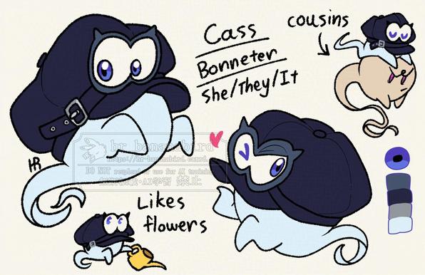 Digitally drawn character reference sheet of a Bonneter, a species from the Super Mario series that looks like a round ghost wearing a hat. This Bonneter named Cass has a black newsboy cap on her head and indigo colored irises.