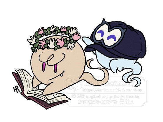 Digital art of the newsboy cap Bonneter from before, and a beige colored Boo from the Super Mario series hanging out together. The Bonneter is placing a flower crown on the Boo that was reading a book. They are both smiling.