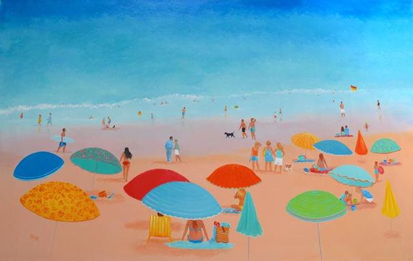 Bursting with color and energy, this vibrant beach painting captures the joyful spirit of a perfect summer day. Beneath a cheerful canopy of beach umbrellas, friends and families gather to relax, stroll along the shoreline, and enjoy the summer sunshine. Young women in bright bikinis soak up the sun, children build sandcastles and splash in the shallows and a playful dog darts happily among them, adding to the lively atmosphere. In the distance, gentle waves kiss the shore, while children paddle in the shallow waters, completing the idyllic coastal setting.