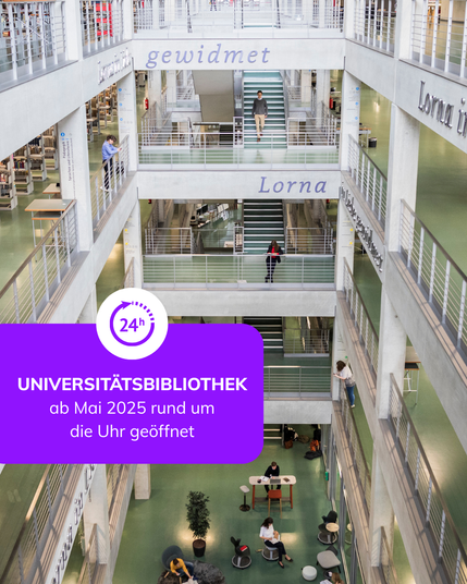 Universitätsbibliothek der TU Berlin und der UdK von innen. Links befindet sich eine Textbox mit dem Text "Universitätsbibliothek ab Mai 2025 rund um die Uhr geöffnet". Foto: Nadja Wohlleben