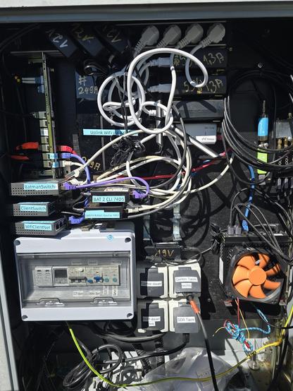 Foto mit blick auf ein senkrechte Holzplatte, die schwarz gestrichen ist. Darauf Installationstechnik. Links unten ein klein-Feuchtraum-Sicherungskasten mit DIN-Rail-Bauten: SPDs, RCBOs, Meter, Wifi-Schütze. Darüber 3 kleine POE-Switches, darüber ein 12er-Keystone-Panel. oben eine 19"-Steckdosenleiste mit mehreren Steckernetzteilen, weiße Stromkabel zu 4 verschiedenen Powerbrickes, unten in der Mitte 4 Feuchtraumsteckdosen, rechts ein Futro S740 mit aufgesetzten 12cm-Lüfter, darüber 5 SDR-USB-Sticks, an SMA-HF-Verkabelung, aufgeshossene Kabel.