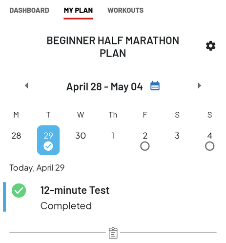Beginner half marathon plan
Weekly schedule 
12-minute Test completed on April 29th