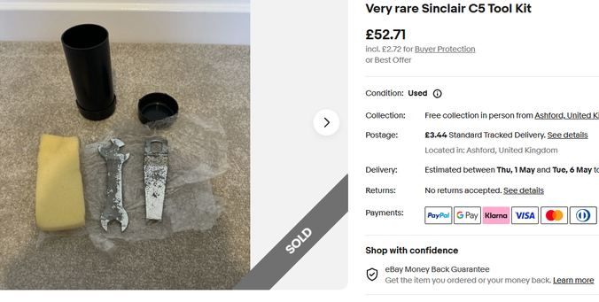 An eBay listing for the official Sinclair C5 toolkit showing it has been bought for £52.71.