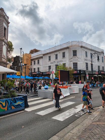 Barricades close off the streets while providing access to pedestrians.