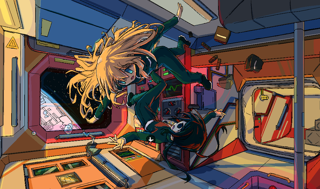 A drawing of a space station interior in microgravity and the aftermath of Yuuri and Chito from Girls' Last Tour colliding with each other as they came around the corner, sending Yuuri floating upwards with her hair spreading everywhere, Chito downwards and backflipping, and their snacks scattered behind them