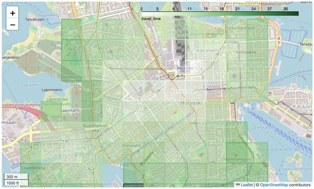 A map of central Helsinki. A transparent overlay shows a grid of cells that are coloured according to the time needed to travel to their centre point from the railway station