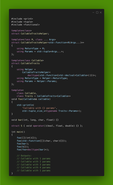 C++ code showing a type trait for reading callable type's parameters and return type.