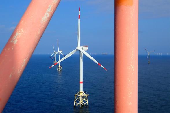 Windpark: Blick von der Forschungsplattform FINO1 auf die direkte Umgebung. 

Foto: FuE-Zentrum FH Kiel GmbH