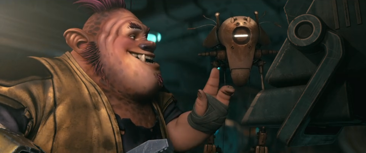 A close-up shot of Jankom talking with Miner Transport Emergency Assistant Boxy on a Tellarite sleeper ship.  From E116