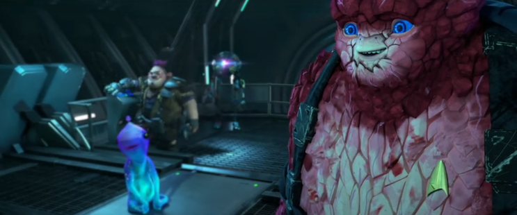 A close-up shot of a smiling Rok on the Protostar.  Murf, Jankom and Zero are in the background.  From E116