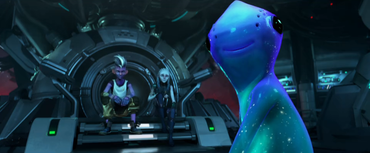 A close-up shot of a grinning Murf on the Protostar.  Dal and Gwyn are in the background.  From E116