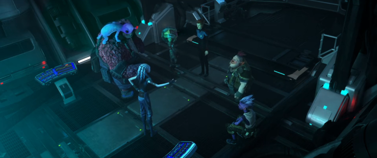 A shot of Rok (with Murf climbing around on her shoulder), Zero, Gwyn, Jankom and Dal surrounding Hologram Janeway on the Protostar.  From E116