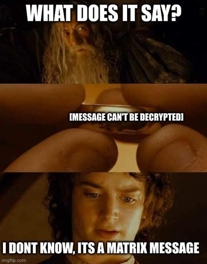 A Gandalf and Frodo meme.
Gandalf: what does it say
Frodo looks at the ring that has (elbish) engraved "[message can't be decrypted]"
Frodo: I don't know, its a matrix message