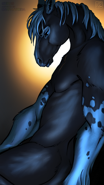 A hips-up view of a black anthro horse with white markings & mane. He is sat in a dark space, lit by a dim blue light & backlit by a strong warm light