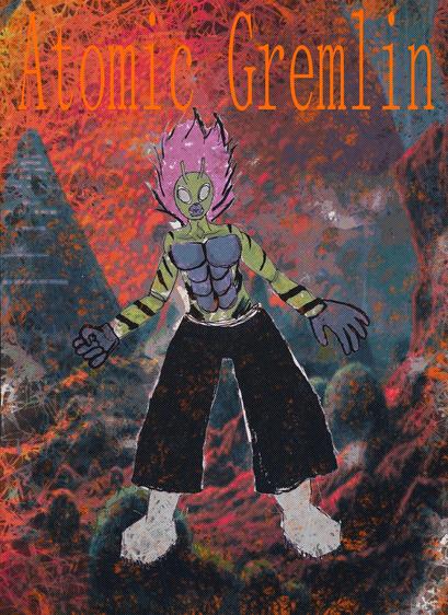 green and blue suited hero with pink lion like mane kind of drivitive of sixties comics and weirder tokusatsu he is called the atomic gremlin