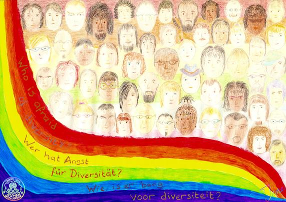 Von links oben nach unten ein Streifen in den Regenbogenfarben. Die Regenbogenfarben sagen auf Englisch, Deutsch und Niederländisch: Wer hat Angst vor Diversität? Der Rest des Blattes ist gefüllt mit Zeichnungen von Gesichtern recht von vorne, ich habe mein Bestes getan, um dort eine vielfältige Gruppe zu porträtieren. Die Gesichter sind von mir ausgedacht, manchmal inspiriert von einer existierenden Person.

Van linksboven naar de gehele onderkant een strook in de regenboogkleuren. Op de regenboogkleuren staat in Engels, Duits en Nederlands: Wie is er bang voor diversiteit? De rest van het blad is gevuld met tekeningen van gezichten recht van voren, daarbij heb ik mijn best gedaan om daar een zeer divers gezelschap te portreteren. De gezichten zijn door mij bedacht, soms wel geïnspireerd op een bestaand persoon.

From top left to the entire bottom a strip in the rainbow colours. The rainbow colours say in English, German and Dutch: Who is afraid of diversity? The rest of the page is filled with drawings of faces straight from the front, I have done my best to portray a very diverse group there. The faces are made up by me, sometimes inspired by an existing person.