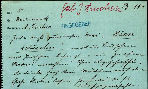 Ein Beleg zur Frage "5B14a: Bräuche am 1. Mai" aus Všeruby u Kdyně (damals Neumark) von Anna Fischer

In der Nacht zum ersten Mai "Häxn åstuschn" [Hexen austuschen] was die Burschen mit Peitschen besorgten u. großen Radau machten. Schon abgeschafft. Da durfte sich kein Mädchen auf der Gasse blicken lassen, sonst wurde sie durchgepeitscht