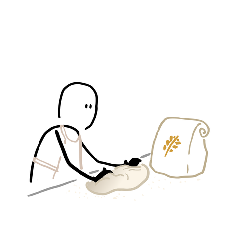 Illustration d'un boulanger en train de pétrir la pâte. A droite un sac de farine avec un épi de blé dessiné dessus.