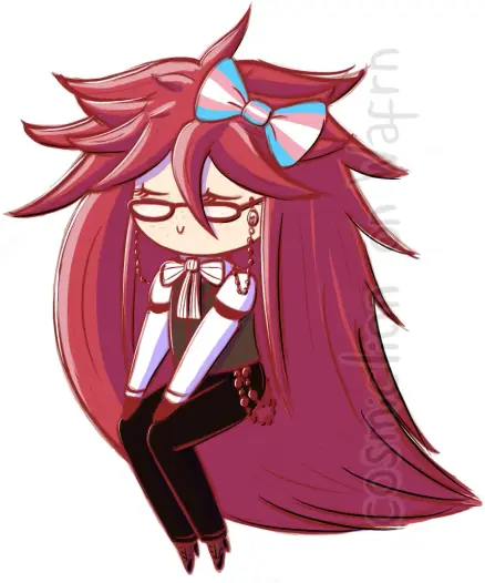 Digital flat color illustration of Grell Sutcliff from Black Butler, drawn in chibi style. She is sitting in a dainty and ellegant pose and has a bow with the transgender flag colors on her hair. The background is white.