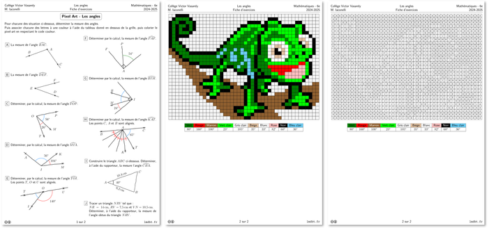 Fiche d’exercices de mathématiques niveau 6e sur la mesure des angles, présentée sous forme de pixel art. La première page contient des figures géométriques pour lesquelles il faut déterminer des mesures d’angles. Les lettres A à I doivent être associées à des couleurs. La deuxième page montre une grille de pixel art représentant un caméléon vert (Pascal de Raiponce) sur une branche, à colorier selon un code couleur lié aux mesures d’angles. La troisième page affiche la grille codée avec les lettres correspondant aux couleurs.