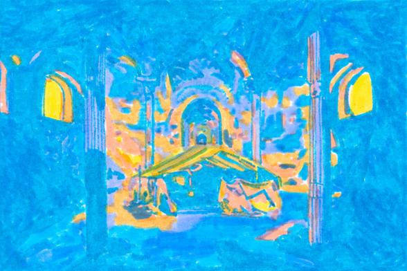 4x6 marker illustration of the survivor’s camp