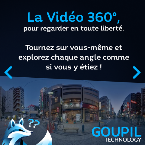 La vidéo 360°, pour regarder en toute liberté. Tournez sur vous-même et explorez chaque angle comme si vous y étiez !
Image : Un plan déformé d'un coin de rue où on voit des rues avec des boutiques éclairées un peu avant la tombée de la nuit