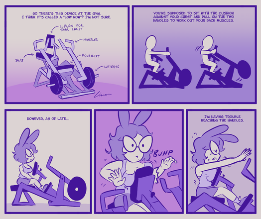 An autobiographical comic. Transcript as follows:

"So there's this device at the gym. I think it's called a "low row"? I'm not sure."
[Diagram of the device]
"You're supposed to sit with the cushion against your chest and pull on the two handles to work out your back muscles."
[Example of someone using the device as intended]
"However, as of late..."
[picture of me sitting at the device about to make use of it]
[I reach forward and my breasts get in the way of the cushion]
"I'm having trouble reaching the handles."
[I'm stretching my arms and struggling to hold onto the handle]
