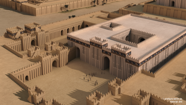 This image shows the 3D visualisation of the Bit Resh in detail. A massive white temple surrounded by courtyards and walkways. People walking in front of the temple seem insignificant. © artefacts-berlin.de