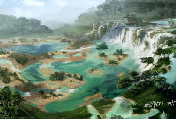 A fantasy landscape illustration of a basin of turquoise waterfalls, from small to big. In the near foreground but tiny, there is a group of white-clad people. The impression is happy, serene and full of natural beauty.