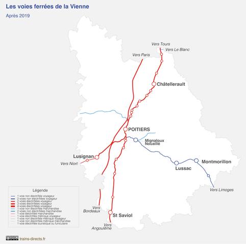 Carte du réseau ferroviaire du département de la Vienne en 2025.