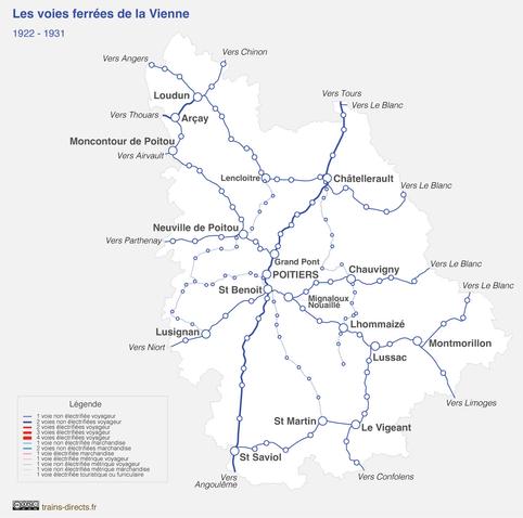Carte du réseau ferroviaire du département de la Vienne à son apogée entre 1922 et 1931.