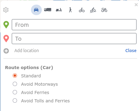 Shows the options for car: standard, avoid motorways, avoid ferries and avoid tolls & ferries