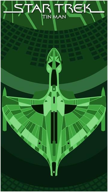 A poster for Star Trek The Next Generation episode Tin Man, done in tones of green, and featuring a top down view of a Romulan Warbird.