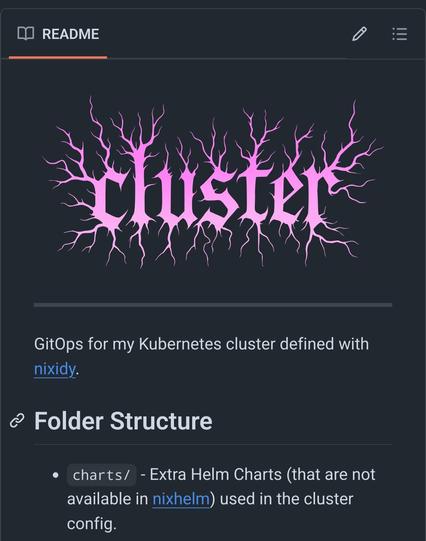 Screenshot of my Kubernetes GitOps repository README.md containing a pink logo saying "cluster" in the style of a black metal band logo.