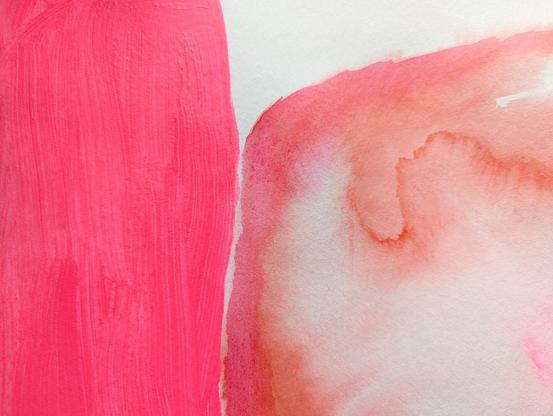 On the left, a solid, dense, bright pink color. On the right, a translucent, somewhat watery color. Rather orange-reddish. There is a very narrow gap between the color forms. Tiny offshoots of both colors run into the still empty gap.