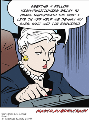 Original Dicktracy comic from June 7, 2022

-------------
Dril Tweet
Jan 13, 2012 2:51AM
-------------
Url
https://twitter.com/dril/status/157716311806455808
-------------
Transcript:
• Seeking A Fellow High-Functioning Brony To Crawl Underneath The Tarp I Live In And Help Me De-Wax My Ears. Suit And Tie Required.