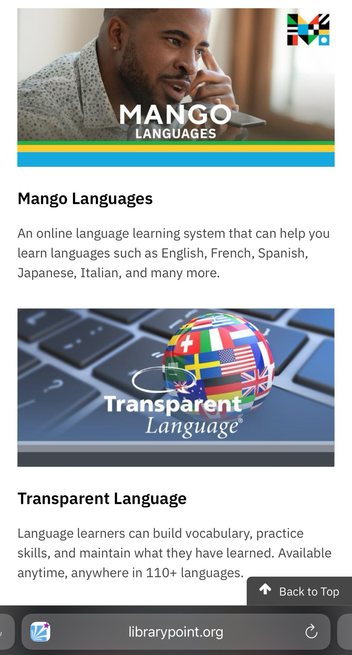 A screenshot of my library's web site showing the two language learning apps that they provide.
