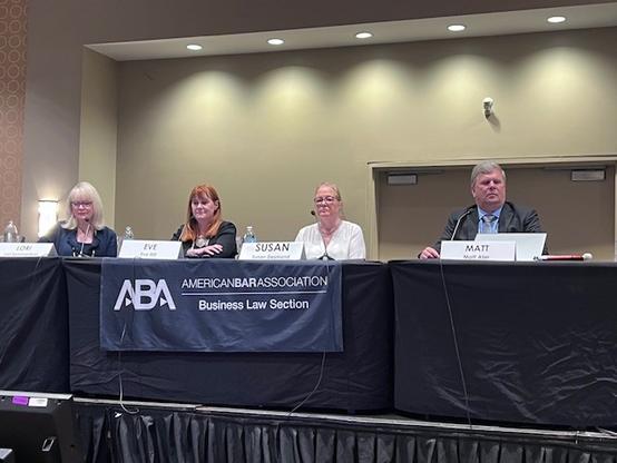 From left to right, Troutman Pepper Locke's Lori Sommerfield, Goldstein &amp; Levy's Eve Hill, McGlinchey Stafford's Susan Fahey Desmond, and Vispero's Matt Ater seated on stage behind tables during their presentation.