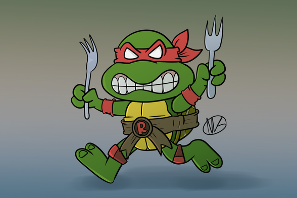 A tiny, cartoony version of Raphael, the Ninja Turtle, running with an angry face and holding a fork in each hand.