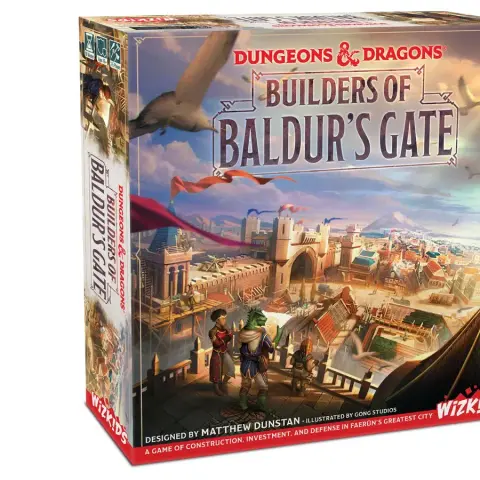 A colorful game box for "Builders of Baldur's Gate," featuring the title prominently at the top along with the "Dungeons & Dragons" logo. The artwork depicts a vibrant cityscape of Baldur's Gate, showcasing various buildings, towers, and characters, including a humanoid figure in a green outfit and others engaged in activities. The box also includes the designer's name, Matthew Dunstan, and the publisher's logo, WizKids, at the bottom.