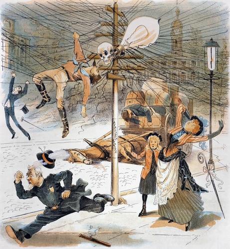 Bildbeschreibung:
Die kolorierte Illustration zeigt eine dramatisch überzeichnete Szene aus dem späten 19. Jahrhun-dert, die die Ängste der damaligen Bevölkerung gegenüber der neuen Technologie der Elektrizität visualisiert. Im Zentrum hängt ein Mann leblos in einem Netz aus Stromleitungen, direkt neben einer übergroßen Glühbirne, die mit einem Totenschädel versehen ist - ein klares Symbol für die als tödlich empfundene Gefahr des elektrischen Stroms. Unter ihm liegt ein gestürzter Pferdewagen mit totem Pferd und bewusstlosen Passagieren, während Menschen panisch fliehen. Eine Frau scheint vom Strom erfasst zu werden, während ein Kind schockiert daneben steht. Ein Polizist rennt entsetzt davon, seine Mütze fliegt, der Schlagstock ist bereits zu Boden gefallen. Die Szene spielt sich in einer städtischen Umgebung ab, im Hintergrund erkennt man ein klassizistisches Gebäude mit Turm-uhr.
Die überzogene Darstellung war typisch für die mediale Panikmache der Zeit, in der Elektrizität als gefährliche Bedrohung inszeniert wurde - ein Spiegel der tiefen Verunsicherung vieler Menschen angesichts disruptiver Innovationen.🖖