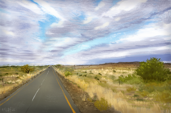A digital painting of a long, straight road in a dry, flat African  landscape. Small, dark green bushes sit sparsely amongst long, yellow grasses, all the way to some very distant, low hills on the horizon. The sky is streaked with a flat, thick cloud layer with some blue showing through in thin strips.